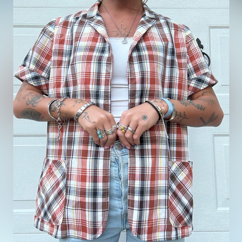 Orange White Plaid Collared Vintage Top Sz Small/Medium